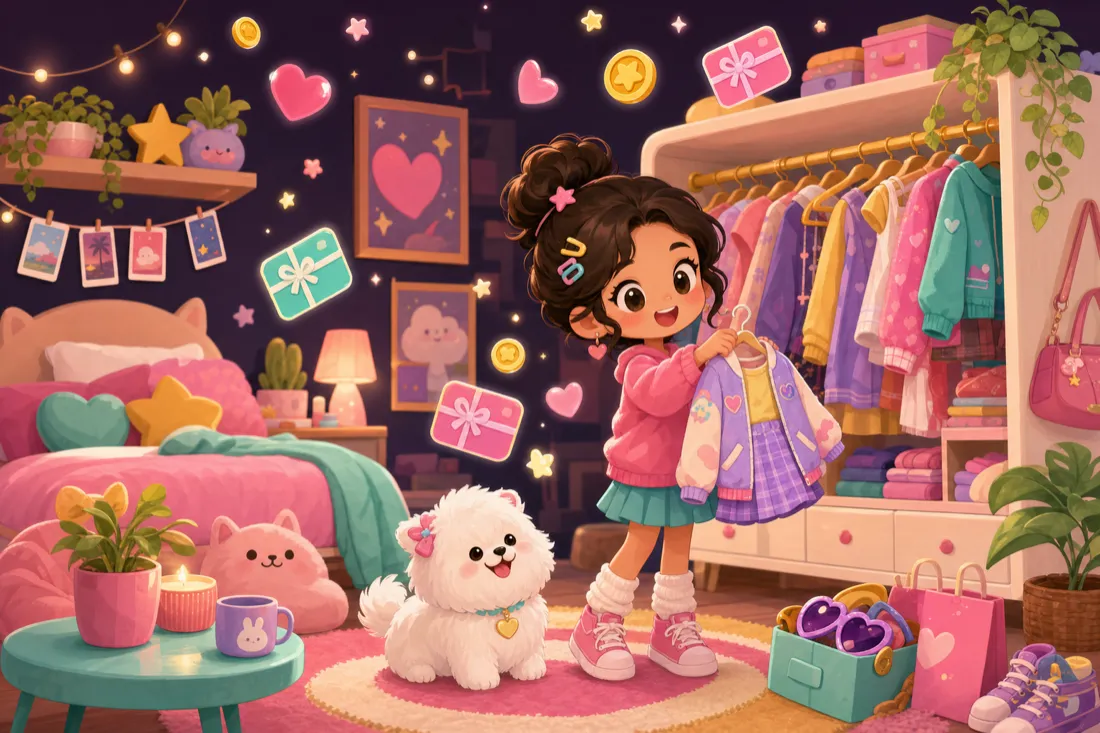 Cute cartoon character styling outfits in a cozy decorated bedroom with hearts, stars and gift-card rewards